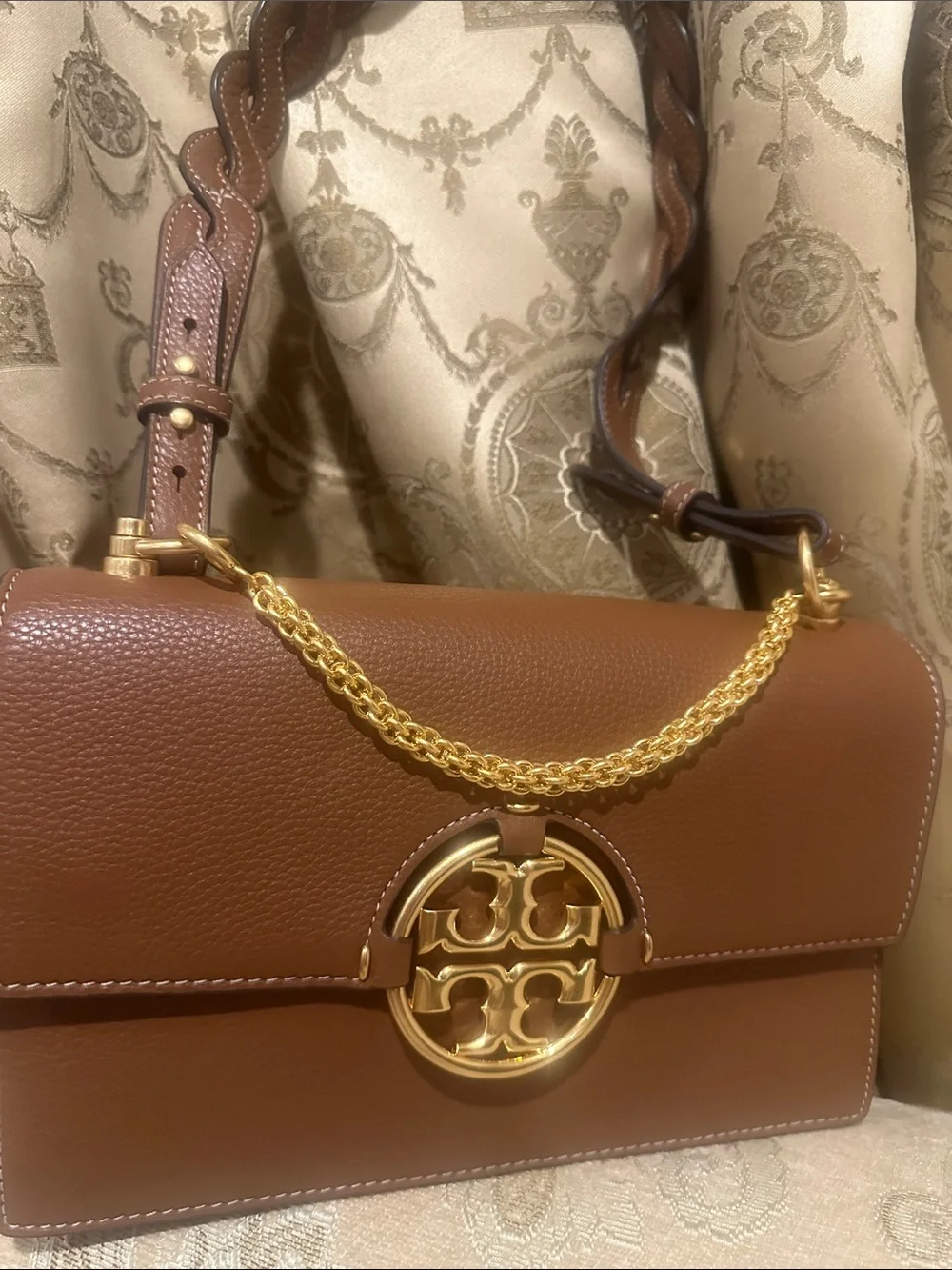 Tory Burch Brown Leather Shoulder Bag with Gold Chain Emblem